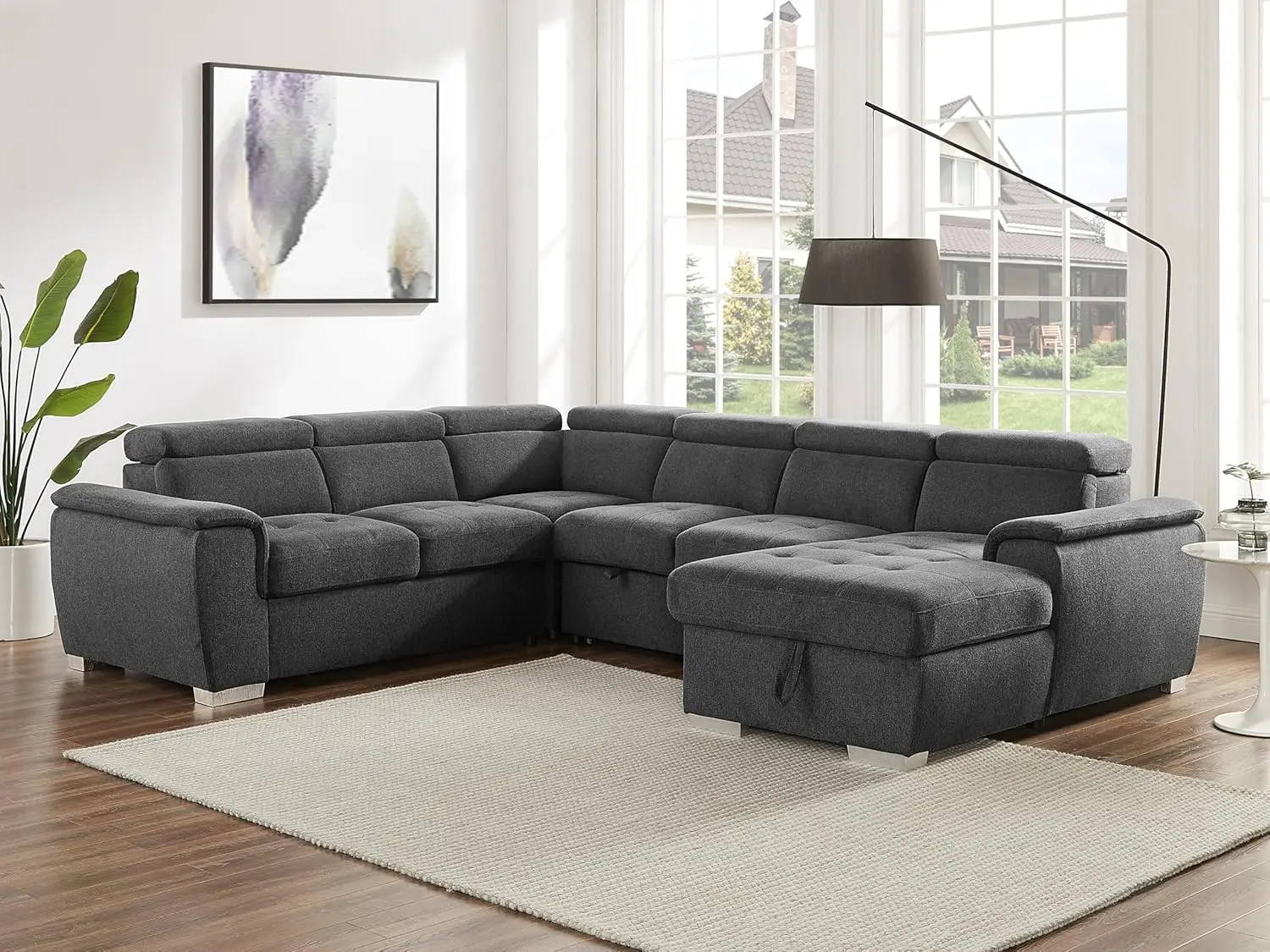 125'' U Shaped Sectional Sleeper Sofa with Pull Out Bed Storage Chaise Lounge and Adjustable Headrest U Shaped Dark Grey