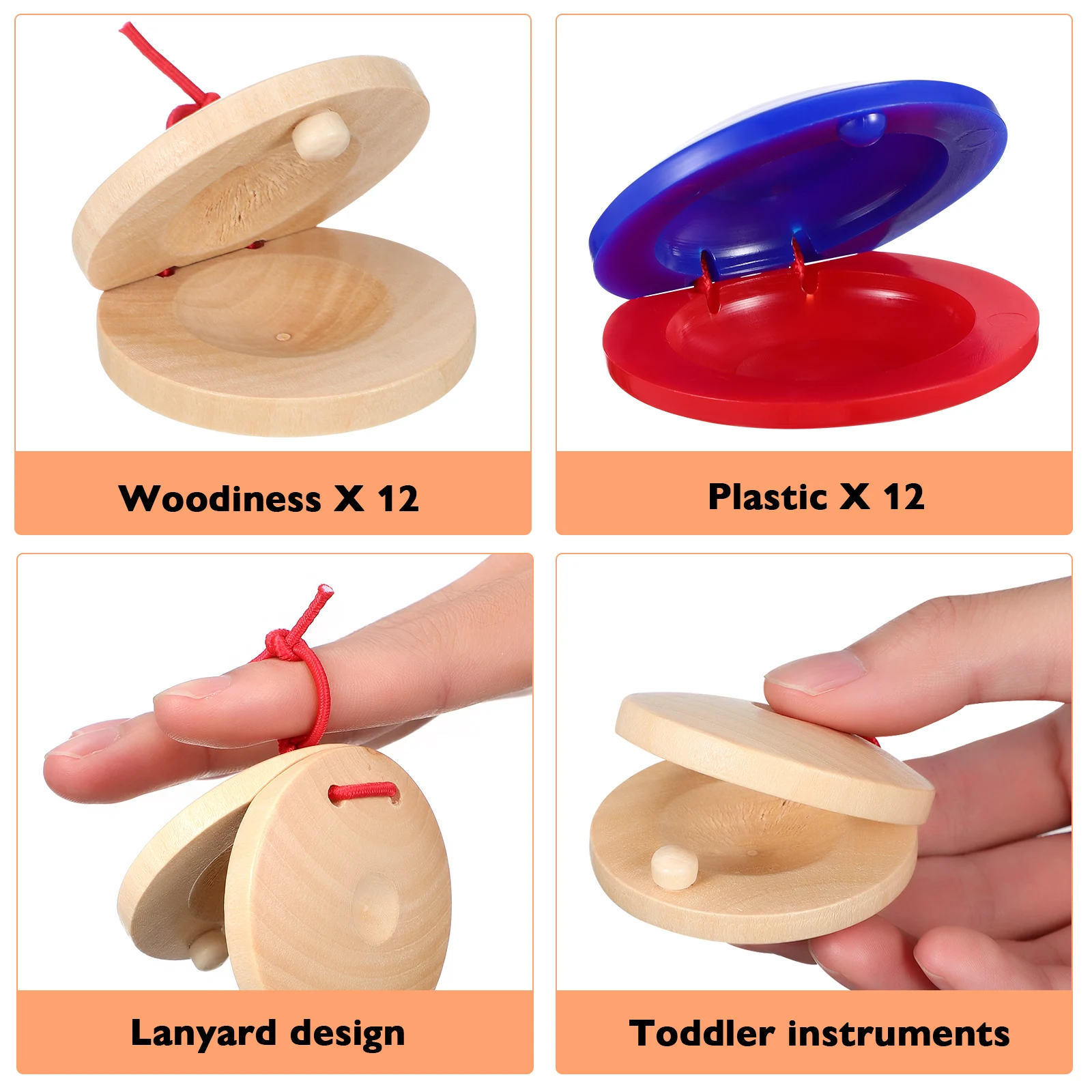 

24 Pcs Wooden Castanets Musical Instruments Plastic Preschool Rhythm