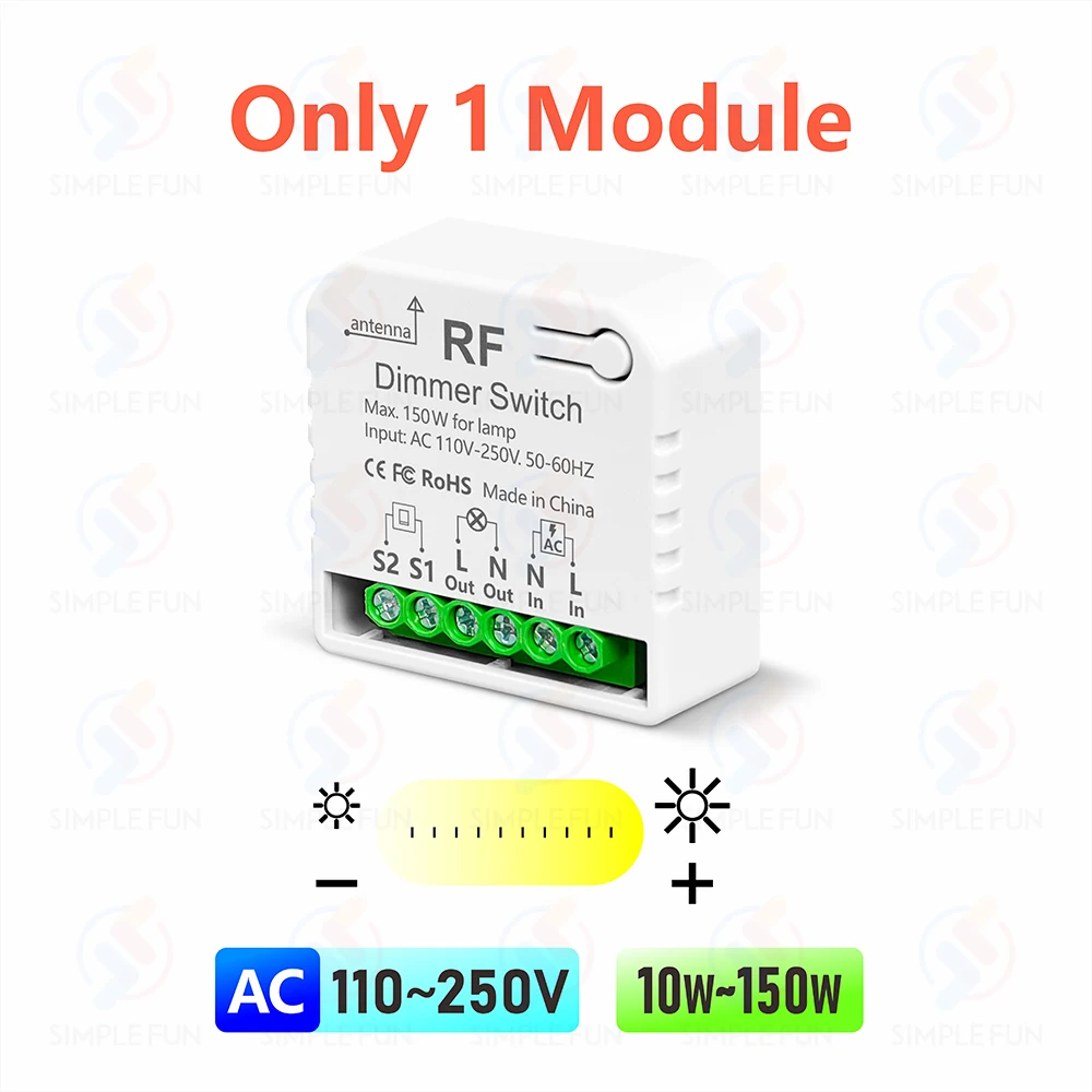 433 MHz kabelloser Dimmer-Lichtschalter, AC 110 V, 220 V, 230 V, dimmbares Schaltermodul, 5-in-1-Fernbedienung, für 10–150 W LED-Lampe, Halogen-Dimmung