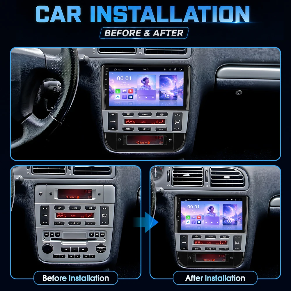 Autoradio stereo Podofo da 9 pollici per Peugeot 406 1999-2004 (guida a sinistra) con CarPlay wireless, Android Auto, Bluetooth, Mirrorlink, lettore multimediale video
