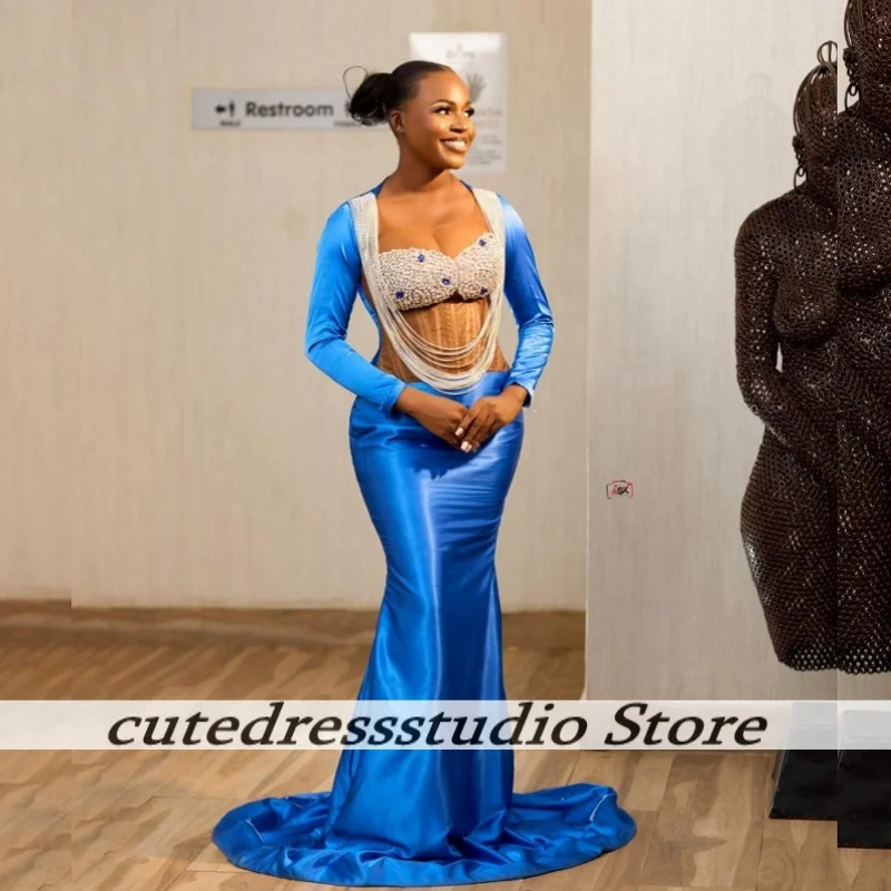

Royal Blue Long Sleeves Evening Dresses Luxurious Beading Crystal Prom Dress For Black Girls Wedding Reception Dress Customized
