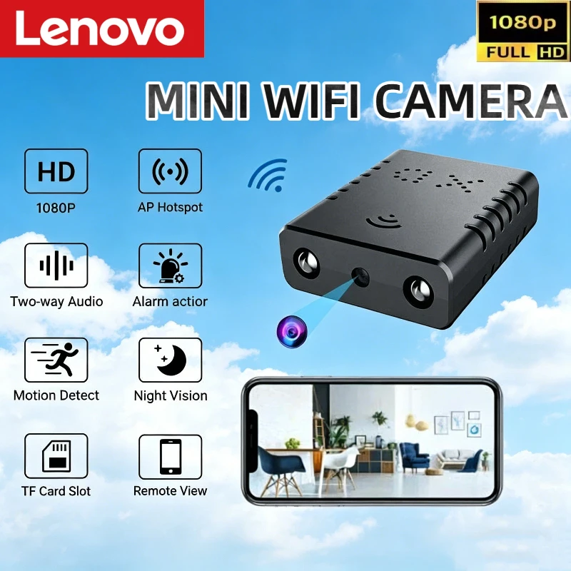 Câmera de Vigilância Mini Lenovo 1080P HD para Monitoramento Remoto em Casa, Câmera de Corpo com Visão Noturna IR, Câmera Portátil 2026 Nova