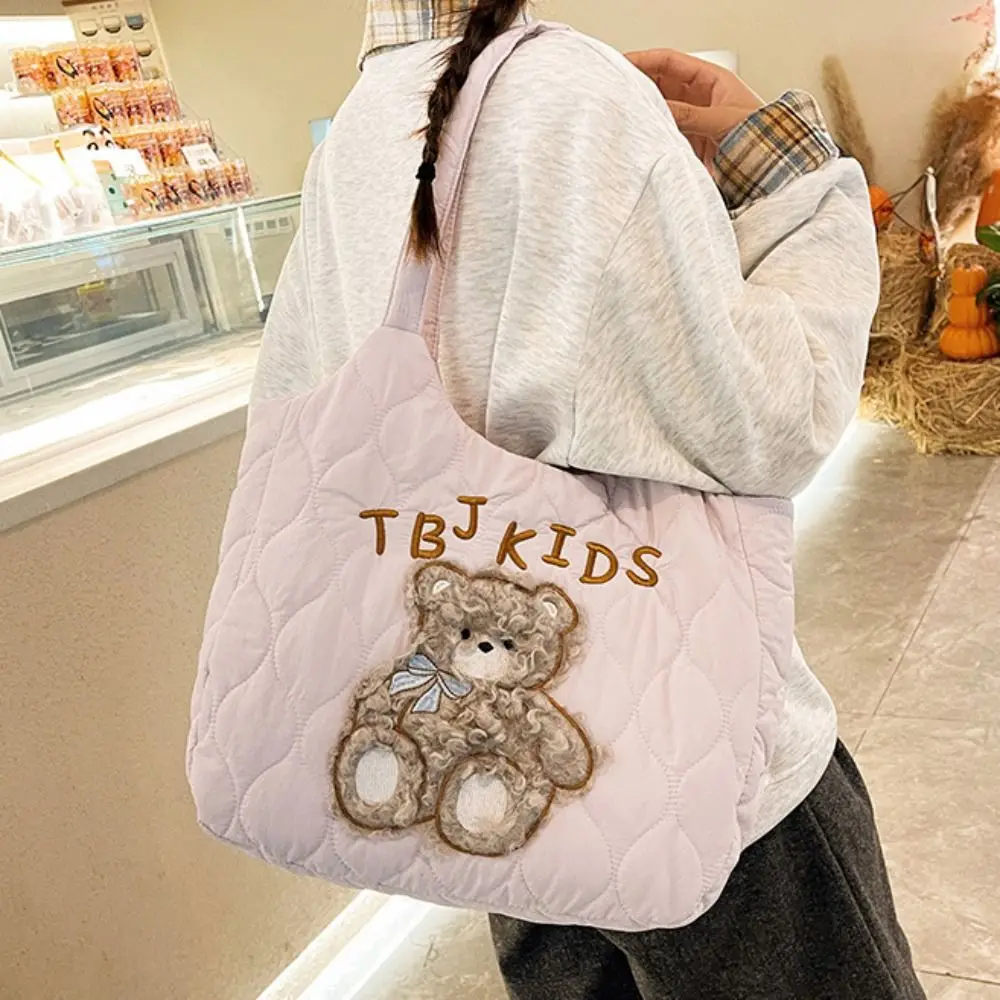 

Japanese Style Cartoon Bear Shoulder Bag Sweet Padded Nylon Quilted Handbag Embroidery Solid Color Down Cloth Tote Bag Shool