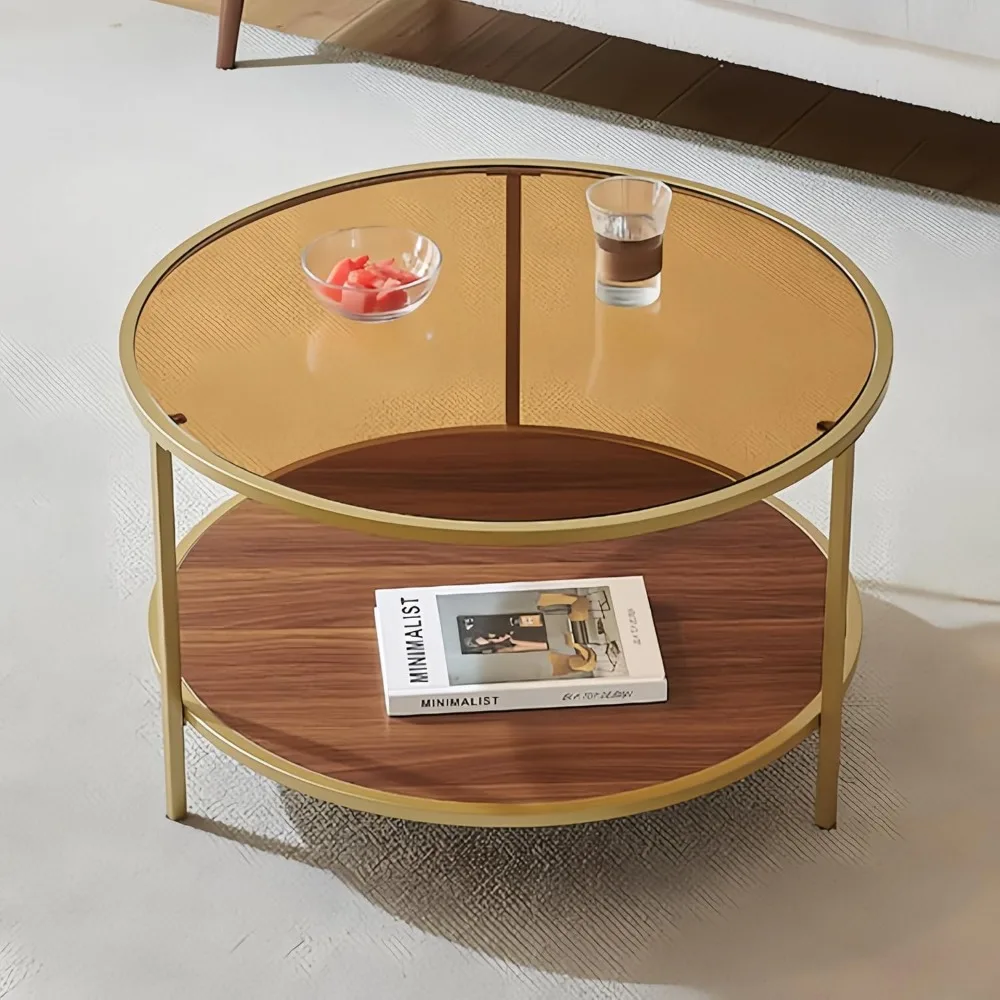 

Modern Round Glass Coffee Table with Amber Glass Top, Round Glass Table for Living Room, D30''×H18'', Gold Table Legs Structure