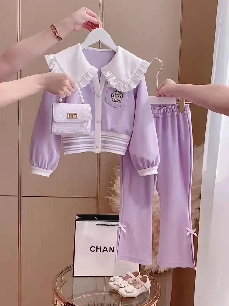 

Spring Fall Girls 2 Piece Sets Doll Collar Coat+Flare Pants Fashion Kids Clothing Outfit Wide Leg Calca 2-13Y New Children Suit