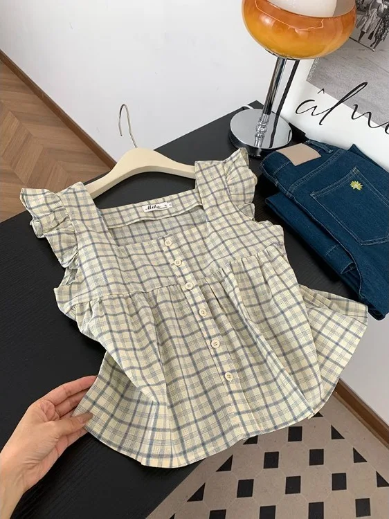 

Summer Design Square Collar Sleeveless Plaid Shirt Women's Fashion Shoulder Length Short French Style Loose Fit Polyester Fiber
