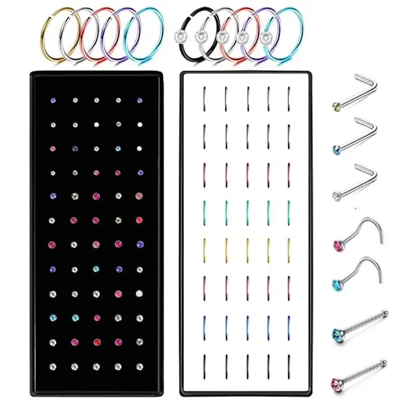 Nose Rings Studs 60pcs Straight or L-Shaped or Screw Nose Studs for Women Surgical Stainless Steel Nose Piercing Jewelry