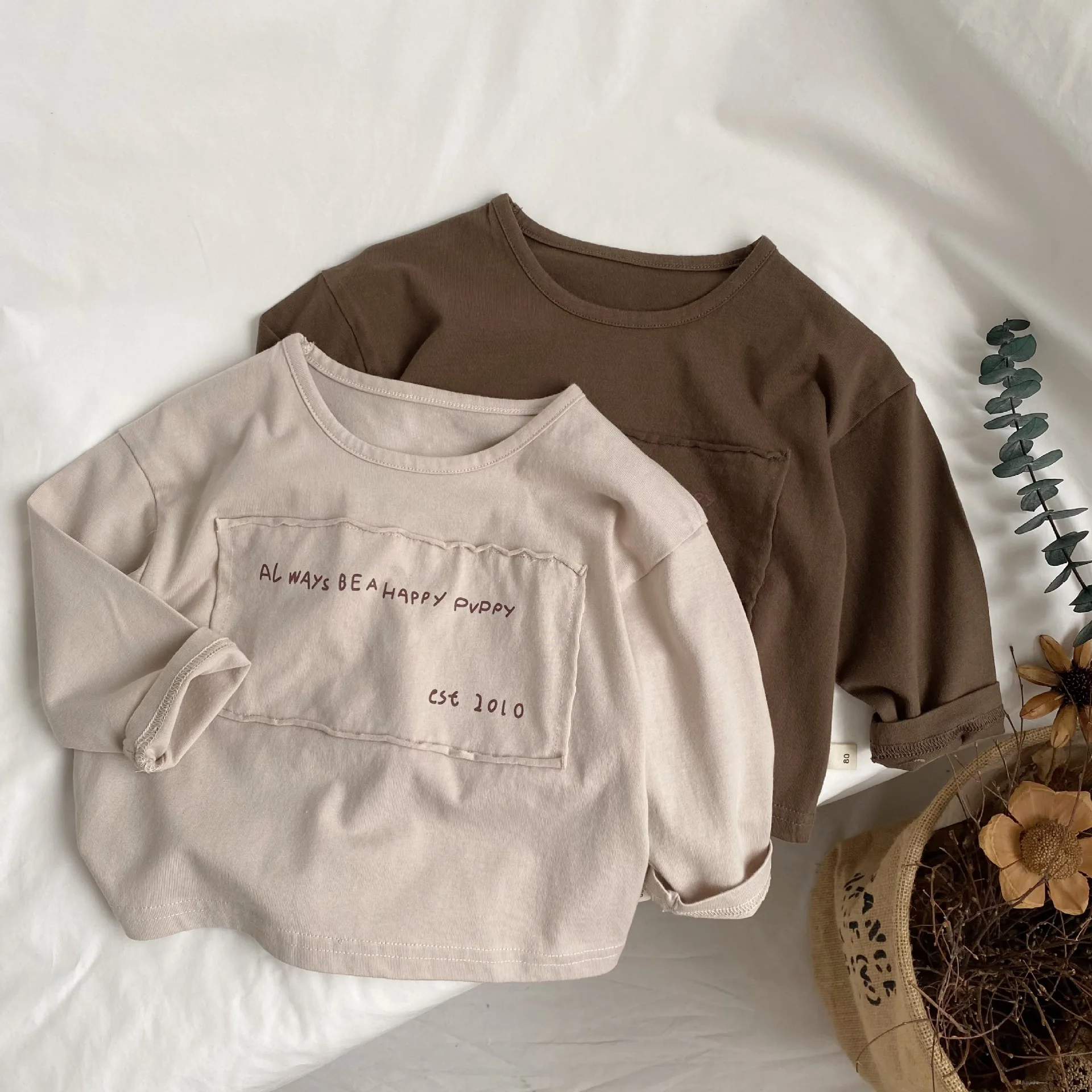 2026 Spring New Children Long Sleeve T Shirts Letter Patch Boys Vintage T Shirt Kids Bottoming Tops Baby Casual Tee Clothes