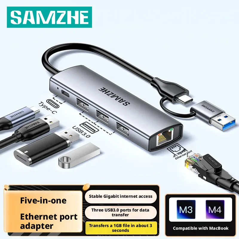 SAMZHE USB 3.0 Hub 5 in 1 Type C Docking Station Type C to 4K60Hz RJ45 PD 100W Adapter For Macbook iPad Pro Air M2 M1 Sumsang PC
