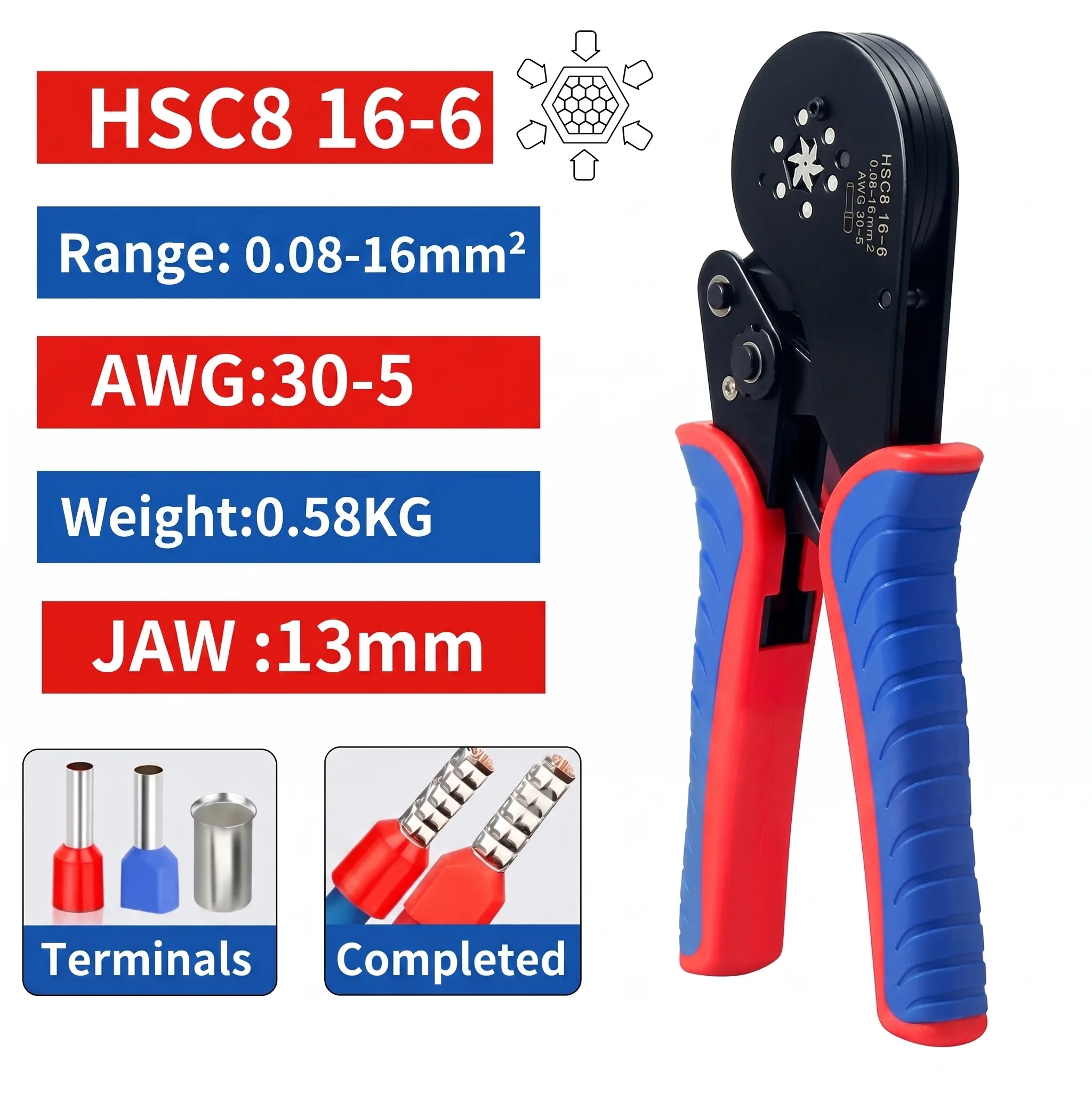 Alicate de Crimpagem HSC8 16-6 para Terminais Tubulares de Grande Porte, Grampos Elétricos 0.08-16mm²/30-5AWG