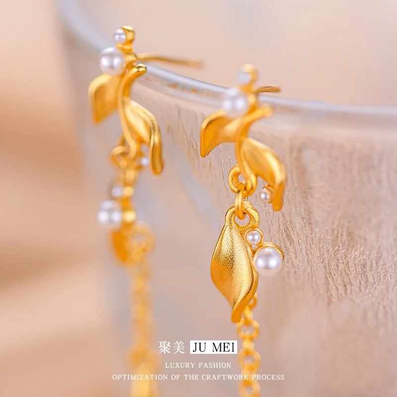 

Luxury 24K 9999 Pure Gold real gold Women's long willow pearl earrings