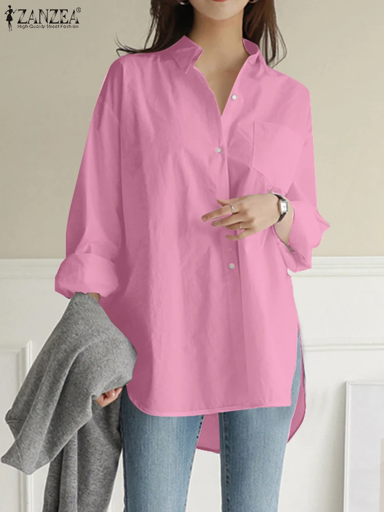 

ZANZEA Women Lapel Neck Long Sleeve Shirt Spring Tops Tunic Elegant Solid OL Work Blouse Stylish Casual Irregular Mujer Oversize