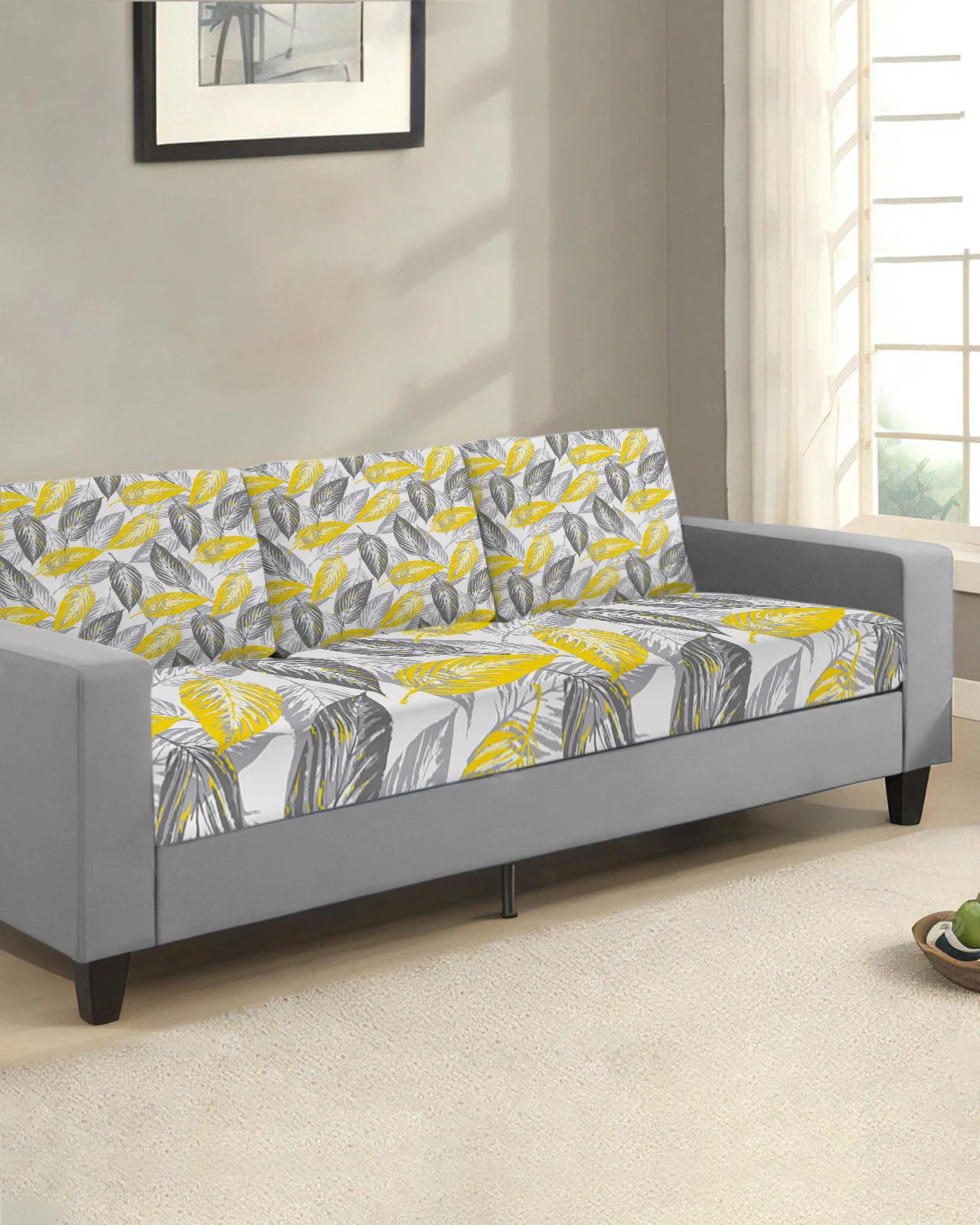 Yellow-Gray Leaves Texture Sofa Seat Cover for Living Room Elastic Sofa Cushion Cover Furniture Protector for Home