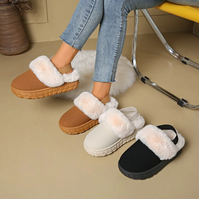 

2025 популярные кожаные женские модные зимние домашние однотонные замшевые меховые тапочки, женская домашняя теплая женская обувь без шнуровки на платформе
