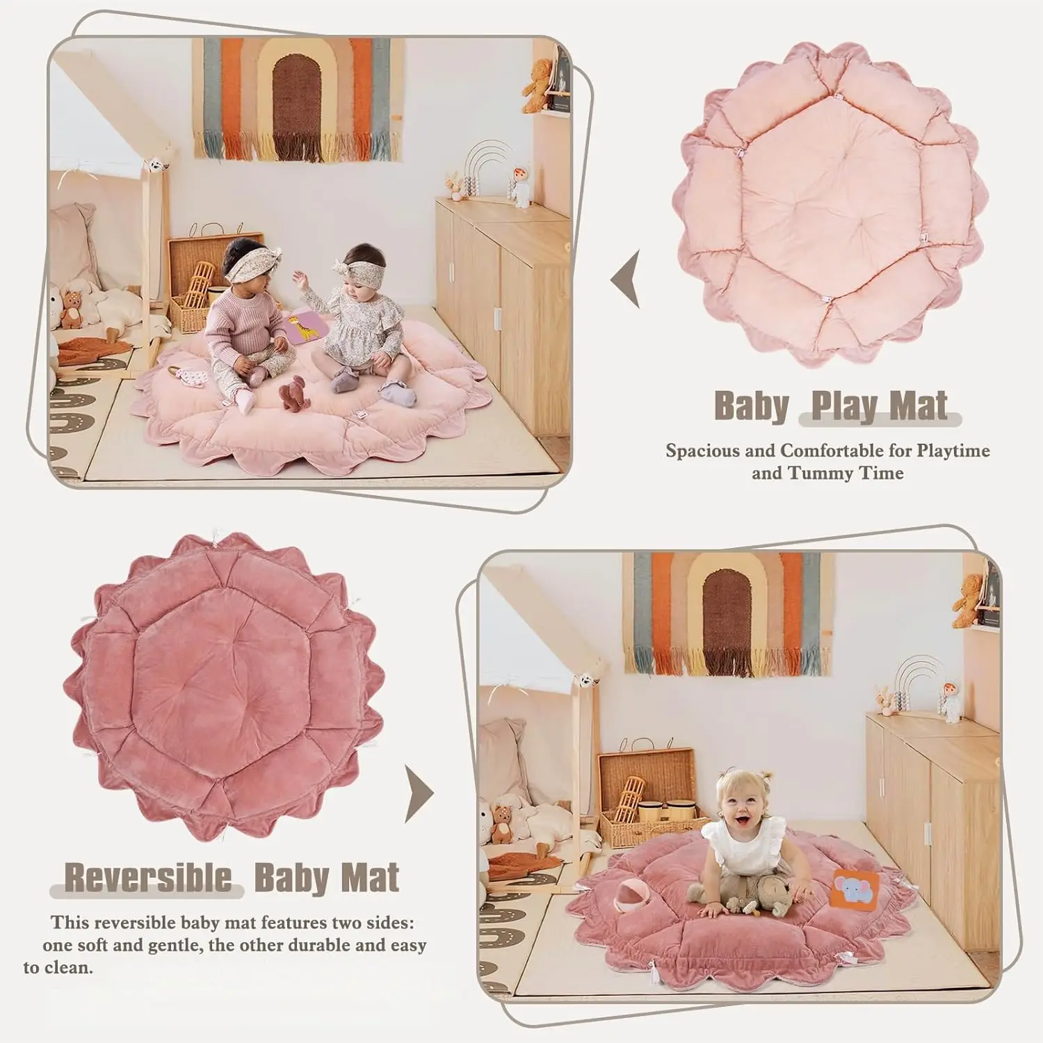 Pluszowy gimnastyczny domek dla niemowląt 5 w 1 z konwertowalną matą, 6 zabawkami sensorycznymi dla noworodków i małych dzieci, w kolorze różowym.