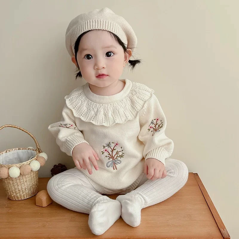 Novo bebê de malha macacão outono bordado bebê meninas macacão babados colarinho manga longa roupas recém-nascidos infantil macacões do bebê