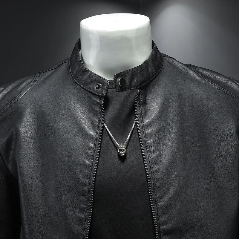 

Autumn and Winter Leather Clothes Men's Standing Collar Imitation Water Leather Jacket Korean Version Slim Fit Solid Color Coat