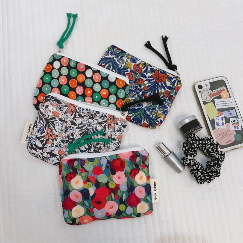 2023 New Canvas Coin Money Purse for Women Card Purse Retro Zipper Ladies Small Money Wallet Floral Print Key Coin Storage Bag