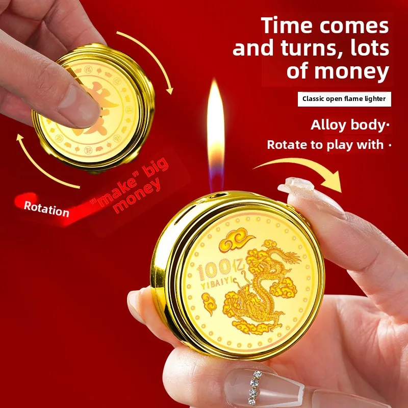 2025 New Decompression Metal Inflatable Open Flame Lighter Rotating Coin Style Lighter Lighter Smoking Accessories Wholesale