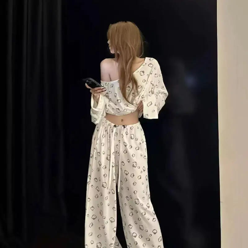 

Корейский женский пижамный комплект для подростков, весенне-летний, новый, с асимметричным вырезом на плече, с длинными рукавами, брюки, мягкая домашняя одежда, комплект из двух предметов