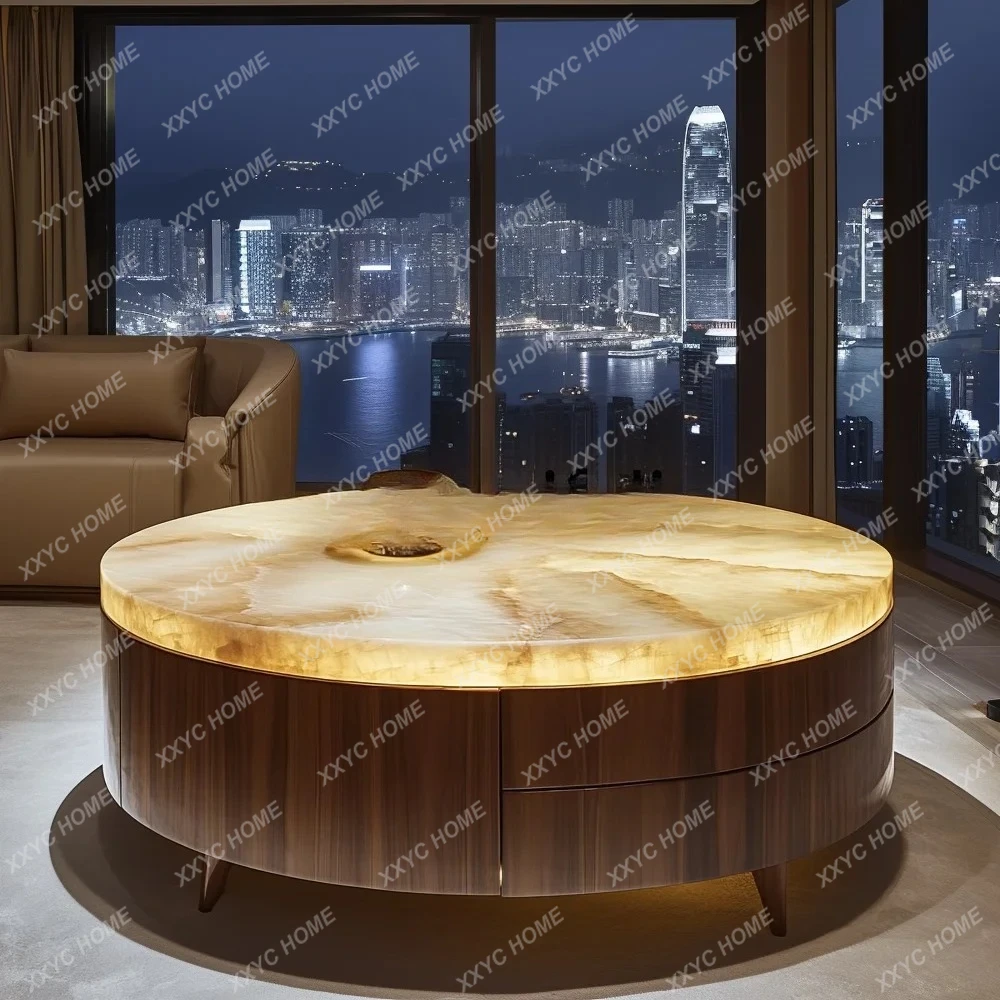 طاولة طعام مضيئة من اليشم، حجر فاخر مستدير من الرخام الطبيعي، طراز فاخر وخفيف الوزن، طاولة طعام لغرفة المعيشة #2