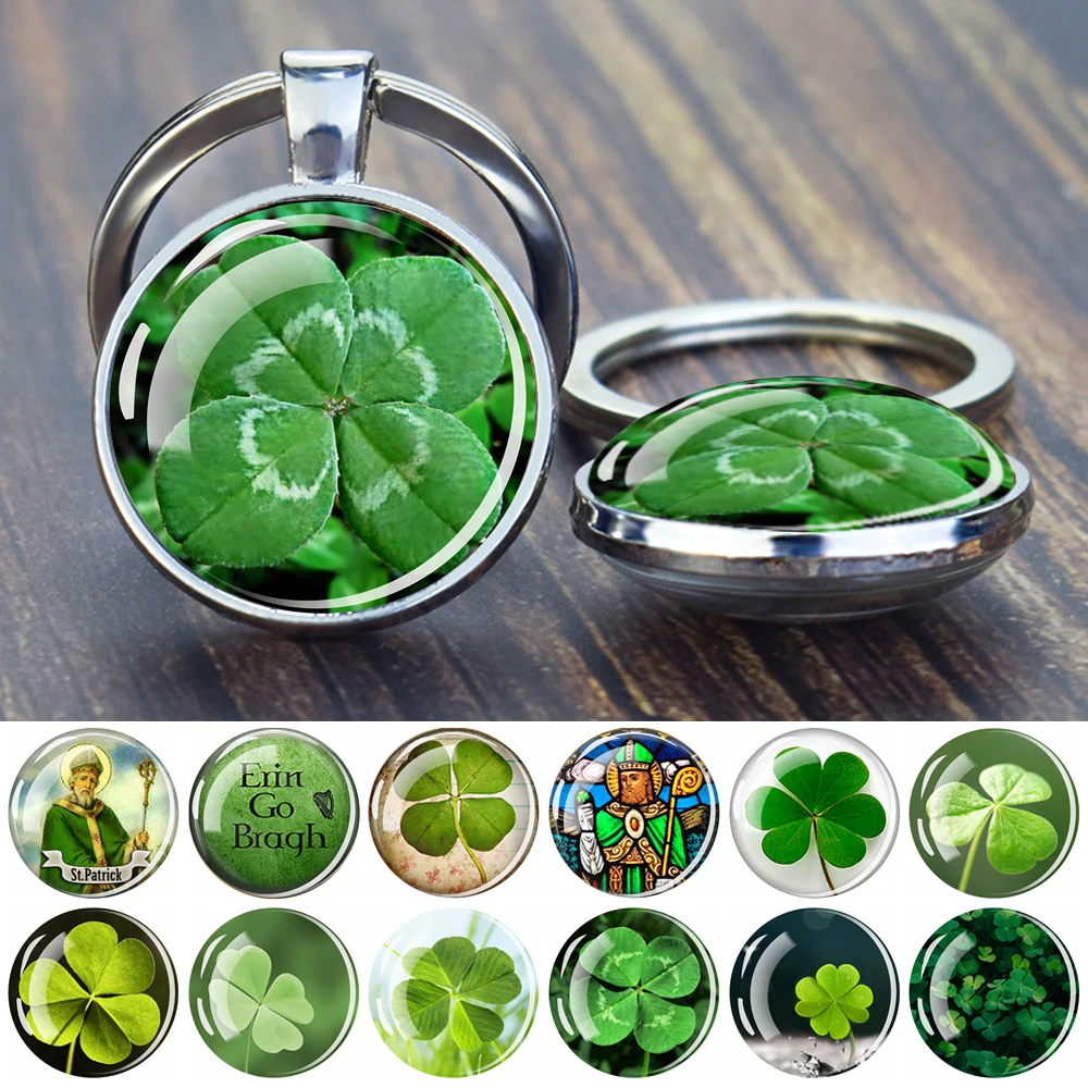 Four-leaf Clover Keychains Glass Cabochon Double Sides Pendant Key Chain Lucky St Patrick's Day Irish Jewelry Keyring Gift