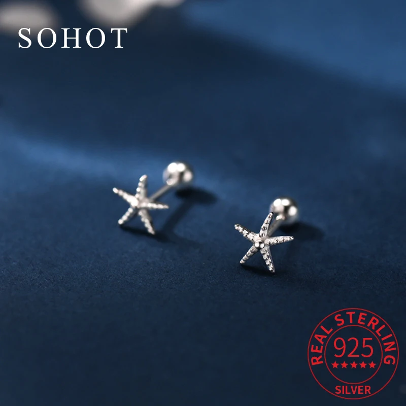 

Real 925 Sterling Silver Mini Piercing Screw Bead Personality Star Stud Earrings for Women Cute Fine Jewelry Summer Accessories