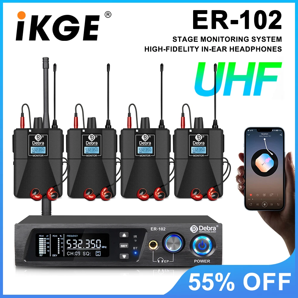 ER-102 Professional Wireless In-Ear Monitor System with Bluetooth 5.0 UHF for Stage Performances, Weddings, Churches