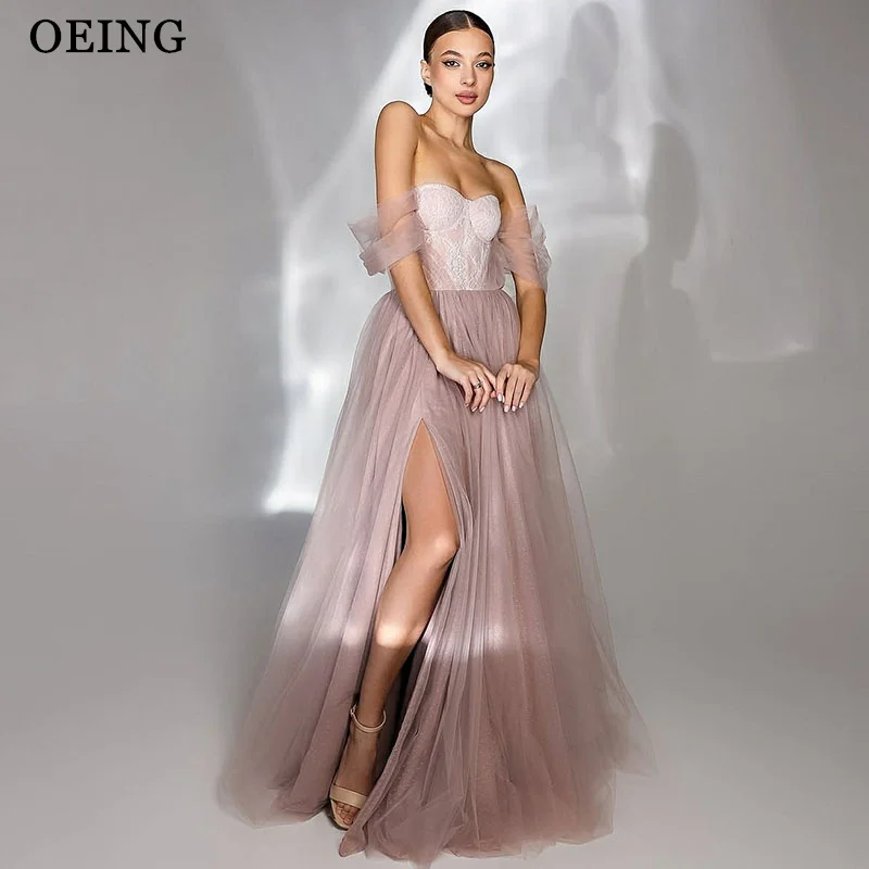 

OEING Elegant A-Line Prom Dress Off The Shoulder Lace Side Slit Sleeveless Party Gowns Floor Length Evening Dress Customized