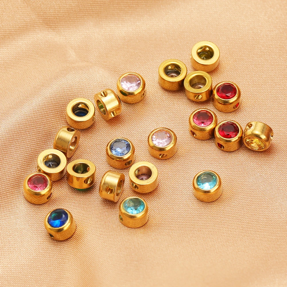 10pcs Stainless Steel 12 Months Birthstone 6mm Round Zircon Spacer Beads Jewelry Findings DIY Necklace Bracelets Earrings Making