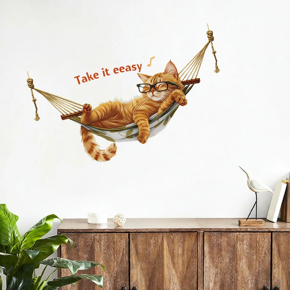 Lazy Orange Cat Hammock Wall Stickers, Funny 