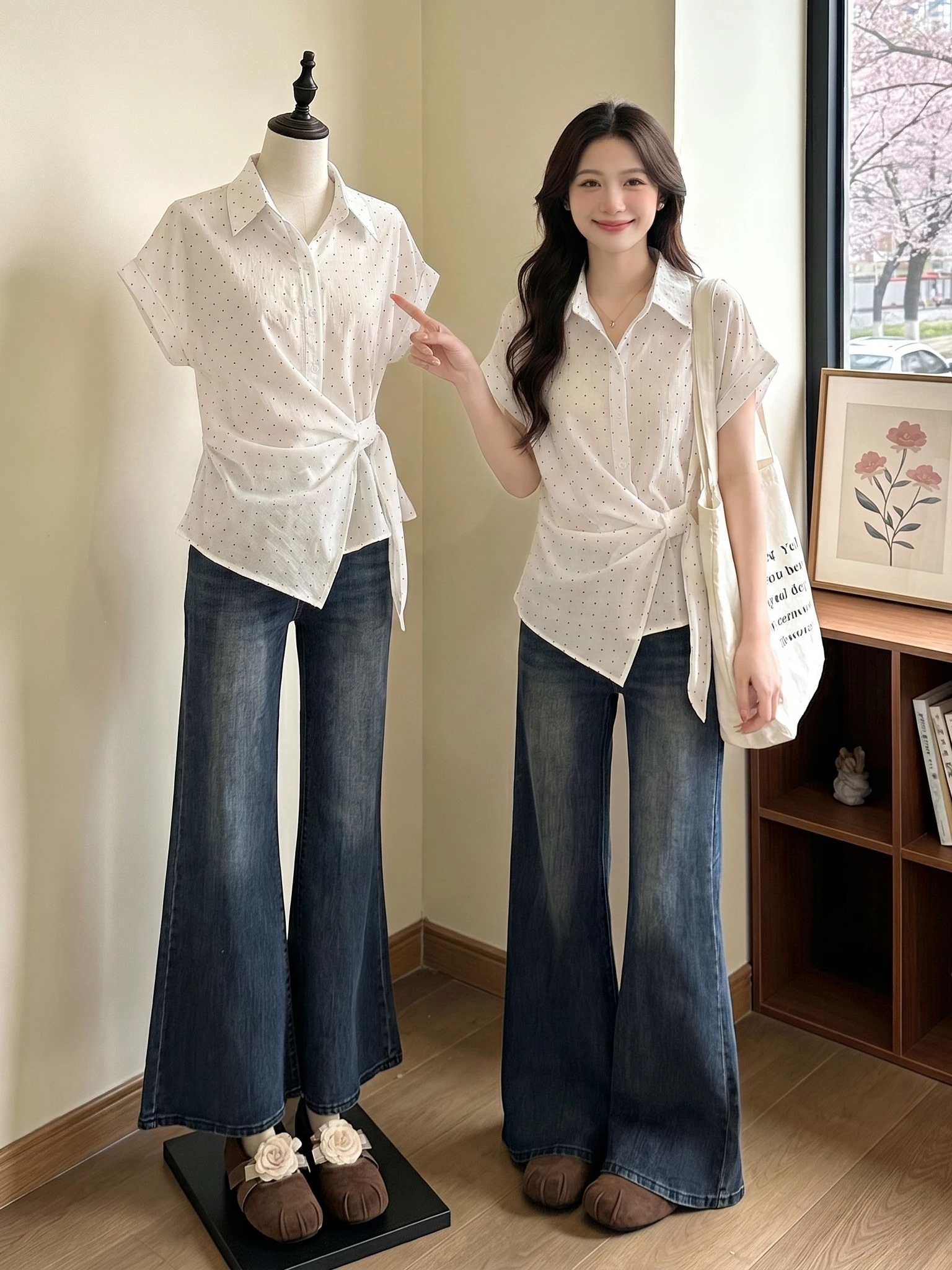 

Polka Dot V-Neck Short Sleeve Shirt Women's Summer New Style plus Size Big MM Waist Inward Irregular Top Commute Style Korean...