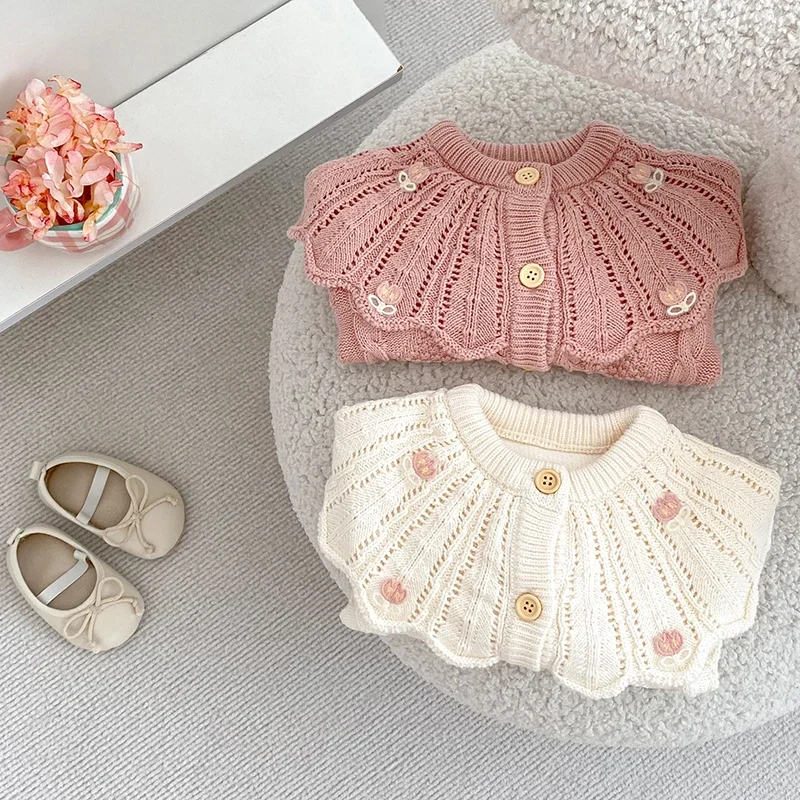 

Autumn Newborn Embroidery Girls Clothes Sweater Knit Coat Baby Girls Sweater Cardigans Hollow Out Floral Ruffle Girls Tops Coat