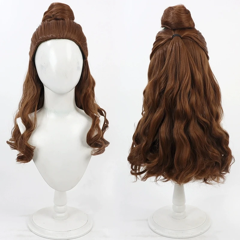 2024 New Type Princess Belle Cosplay Wig Emma Waston Long Brown Wavy Ponytail Heat Resistant Synthetic Hair Halloween Costume