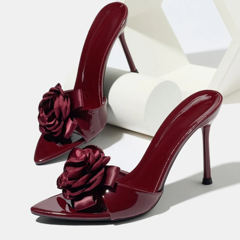 

Luxury Burgundy Patent Leather Heeled Sandals Women Satin Flower Design Elegant Stiletto Slippers Sexy Backless Designer Pumps