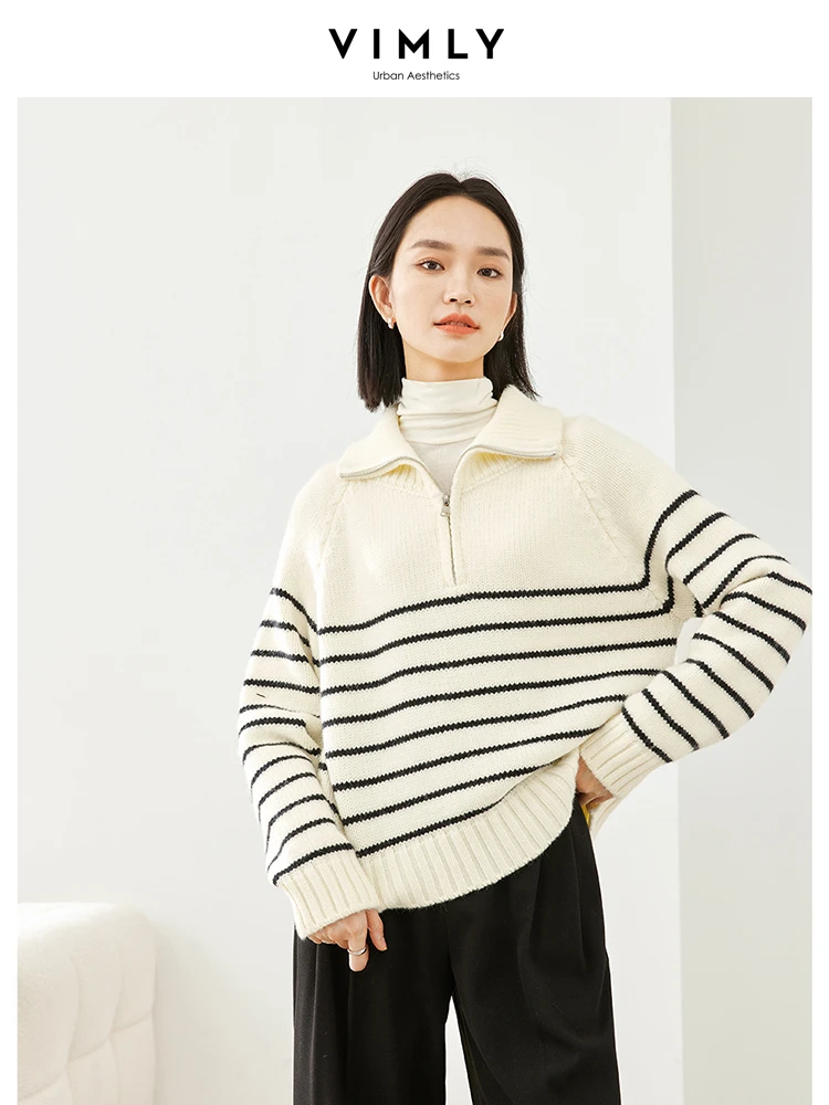 Vimly Contrast Striped Sweater 2023 Winter Knitted Pullovers Half Zipper Lapel Loose Tops High Strecth Jumpers Knitwear 16369