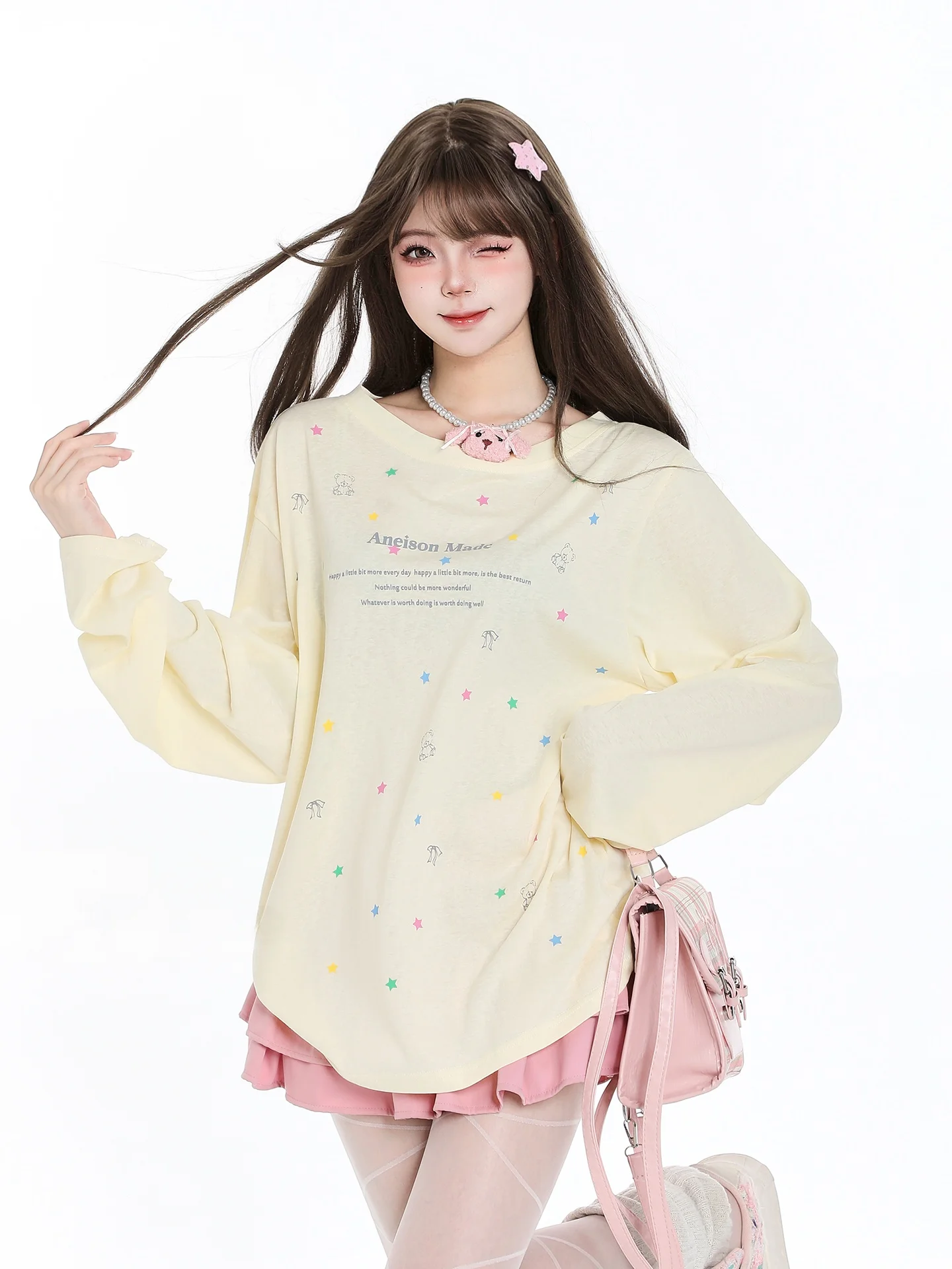 Loose Fit Long Sleeve Cartoon Korean Style Lazy Feel Shoulder Bared Top Women's Anti-Aging Design Summer Cotton T-Shirt