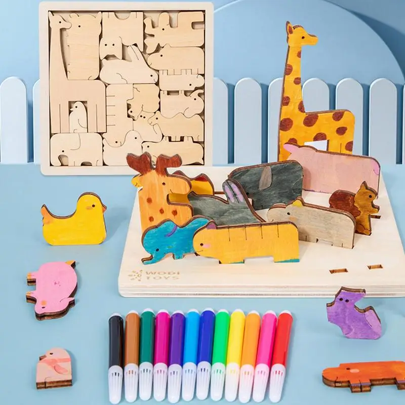 Puzzles d'animaux pour enfants, jeu d'association, kit de peinture, jeux d'apprentissage, puzzles en bois, jouets pour enfants