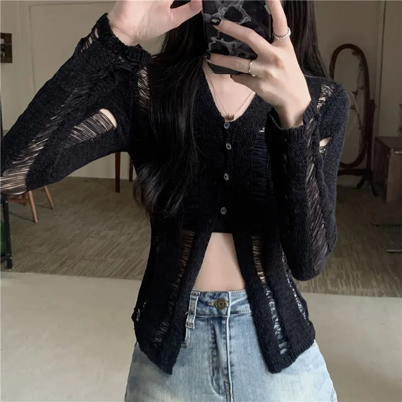 Spring Summer Button Solid Color Sweater Knitted Long Sleeve Hollow Out Cardigan Coats Casual Fashion Women\'s Clothing Tops