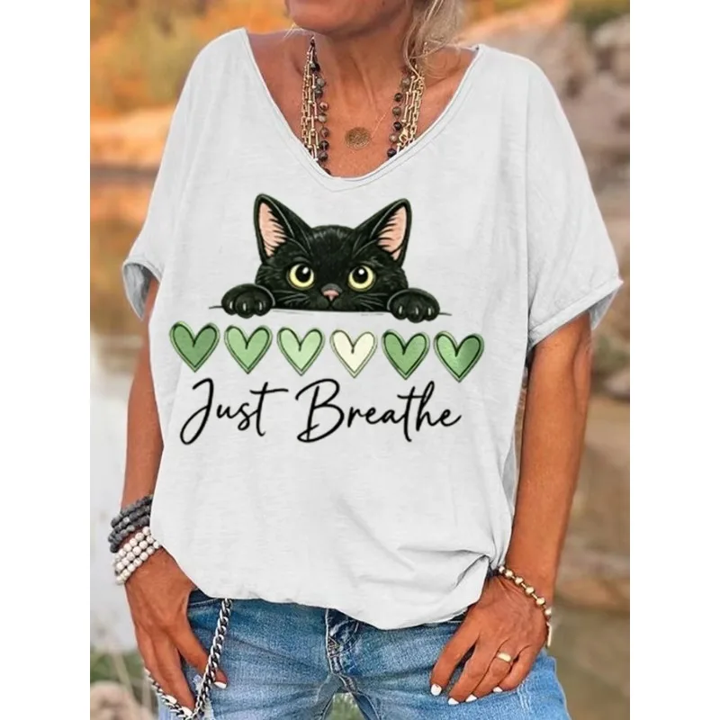 ilstile Women's Just Breathe Cat Print T-Shirts  Summer Short Sleeve Casual Loose V Neck Tops Green White Tees NEW