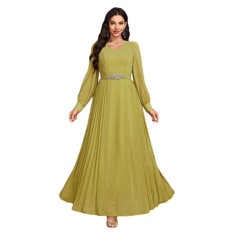 1593 moda chiffon frisado lanterna manga longa com decote em v cintura-cinch emagrecimento a linha vestido de chiffon vestido de noite feminino