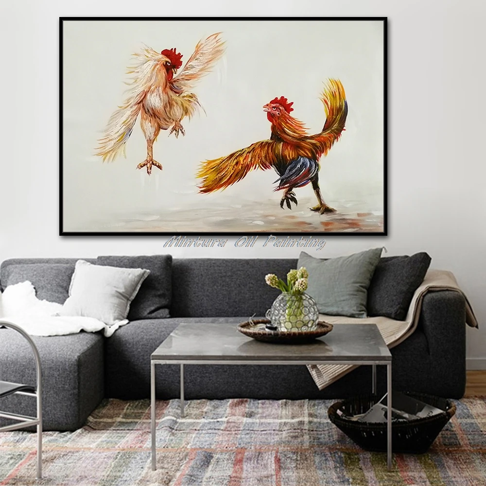 Mintura Wall Picture for Living Room Oil Paintings on Canva Hand-Painted Two Roosters fighting,Home Decoration Wall Art,No Frame