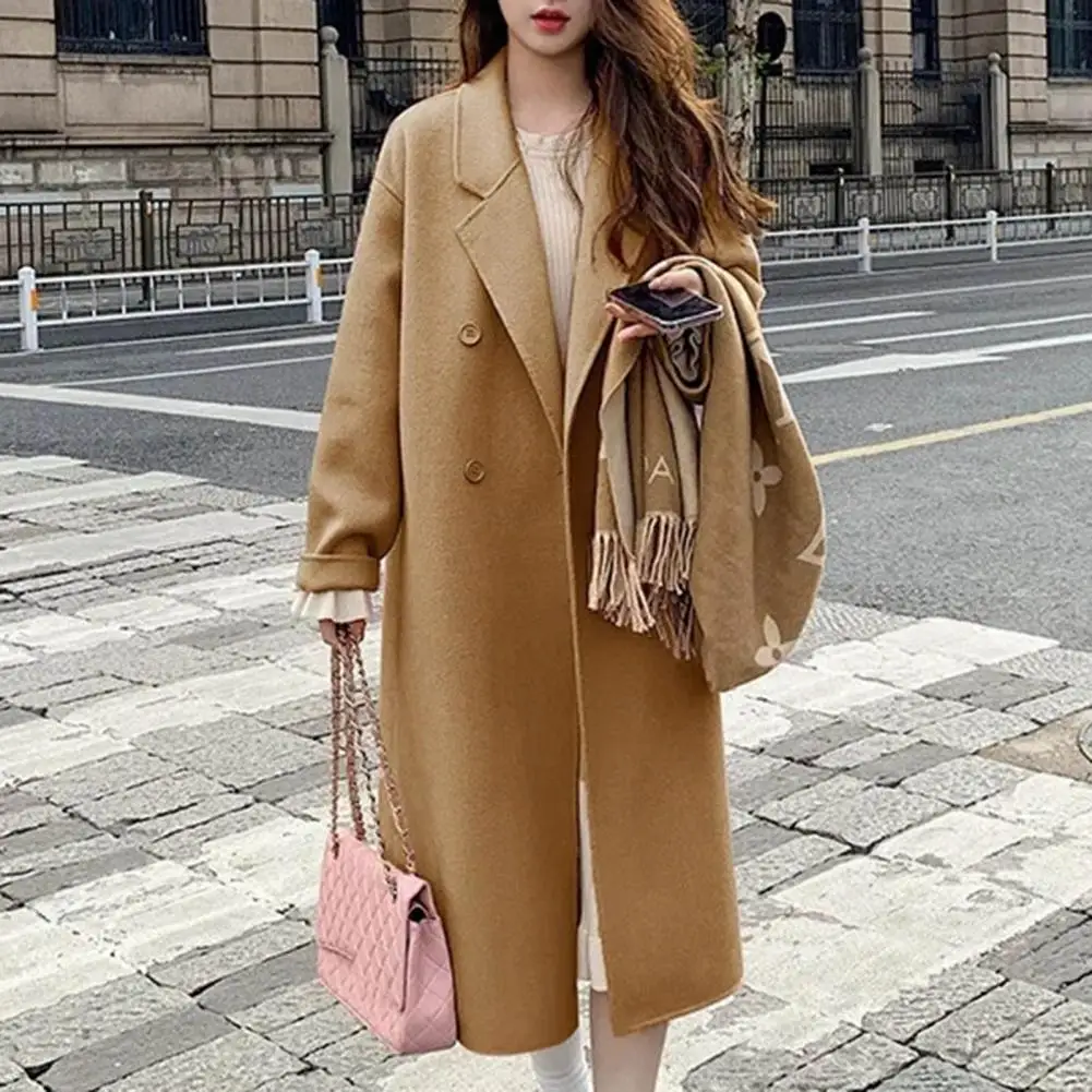 Ladies\' Mid-length Coat with Side Pockets Stylish Women\'s Double-breasted Winter Coat with Lapel Pockets for Warmth for Autumn