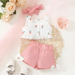 Baby Girl Flower Sleeveless Ruffle Top+Bow Shorts+Headband 3Pcs/Set Suitable for Cute Baby Girls Aged 3-24 Months Summer Set