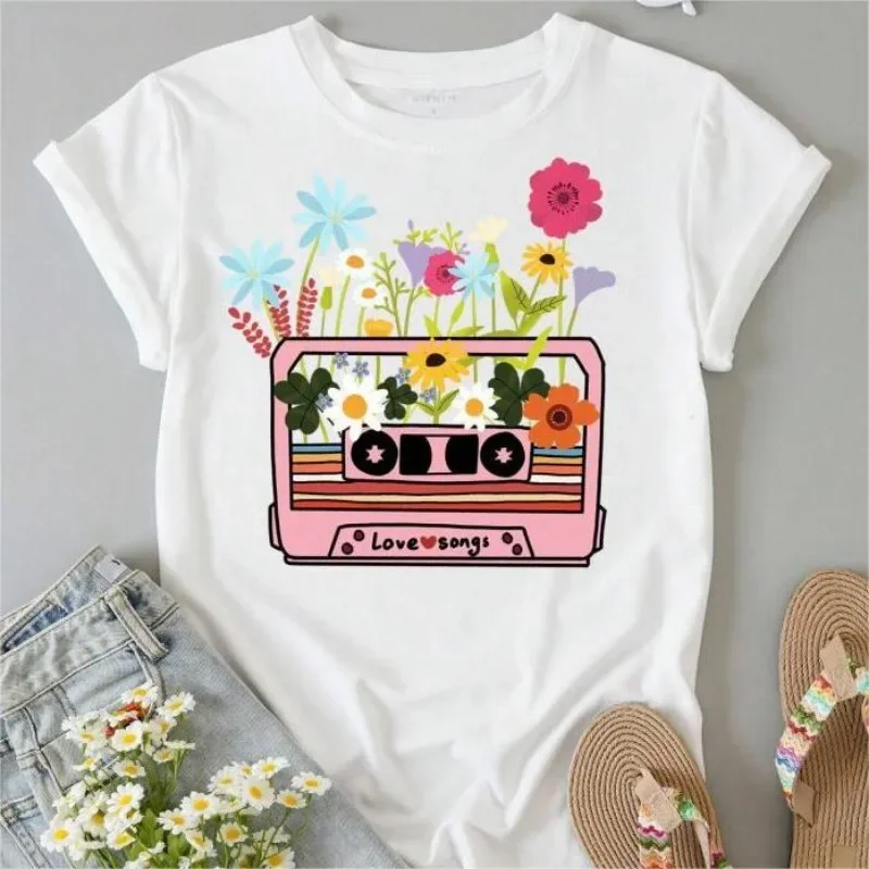 White Simple and Versatile Retro Women's T-shirt Recording Tape and Floral Print T-shirt Summer Travel Casual Cotton Tee