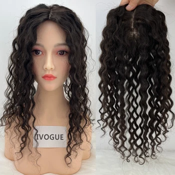 Curly Human Hair Topper European Virgin Human Hair Natural Skin Scalp Silk Base Women Toupee Free Parting Clip In Hairpiece