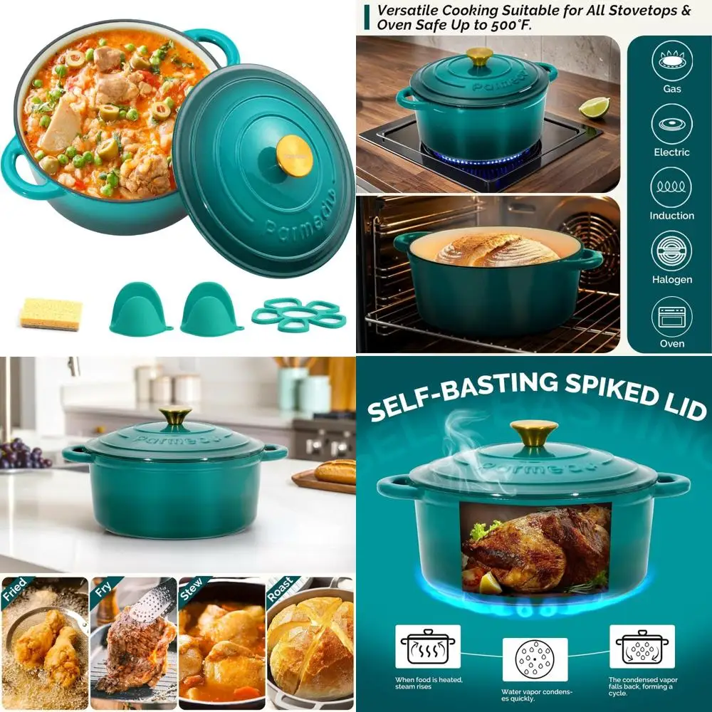 

Чугунная голландская духовка емкостью 5,5 литра с эмалированным покрытием, крышкой и двойными ручками для тушения, тушения, обжарки и выпечки хлеба