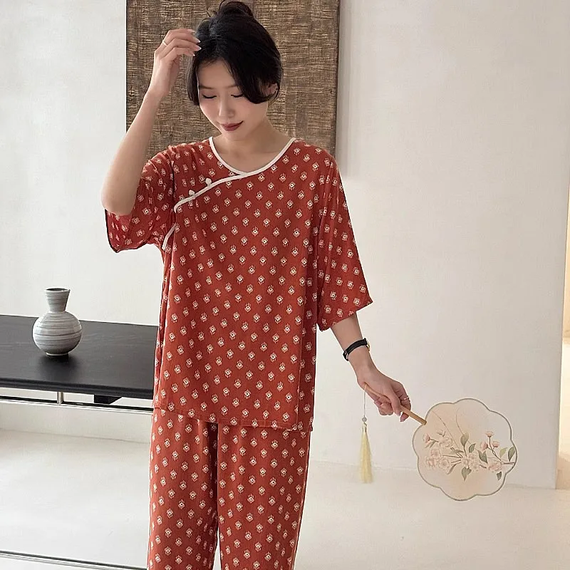 New Chinese Style Short Sleeved Pajamas Set Fashion Women's Spring Summer Polka Dot Sleepwear Suit Vintage Print Home Clothes