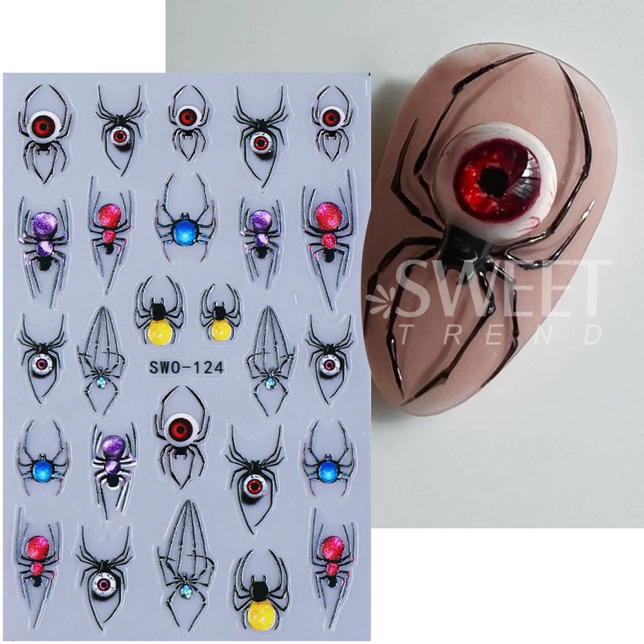 2/3pcs Halloween Nail Stickers Snowman Spider Devil's Eye Bow Self-Adhesive Design DIY Gel Polish Nail Decal Manicure Decoration