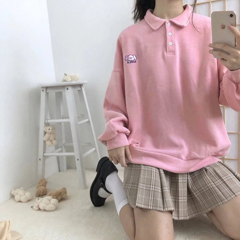 Hoodies Women Kawaii Japanese Style Pink Cartoon New Autumn Winter Schoolgirls Chic Tops Sweet Simple Casual Womens Sweatshirts